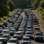 Long line of cars stuck in traffic on the B1508 road outside Colchester Golf Club