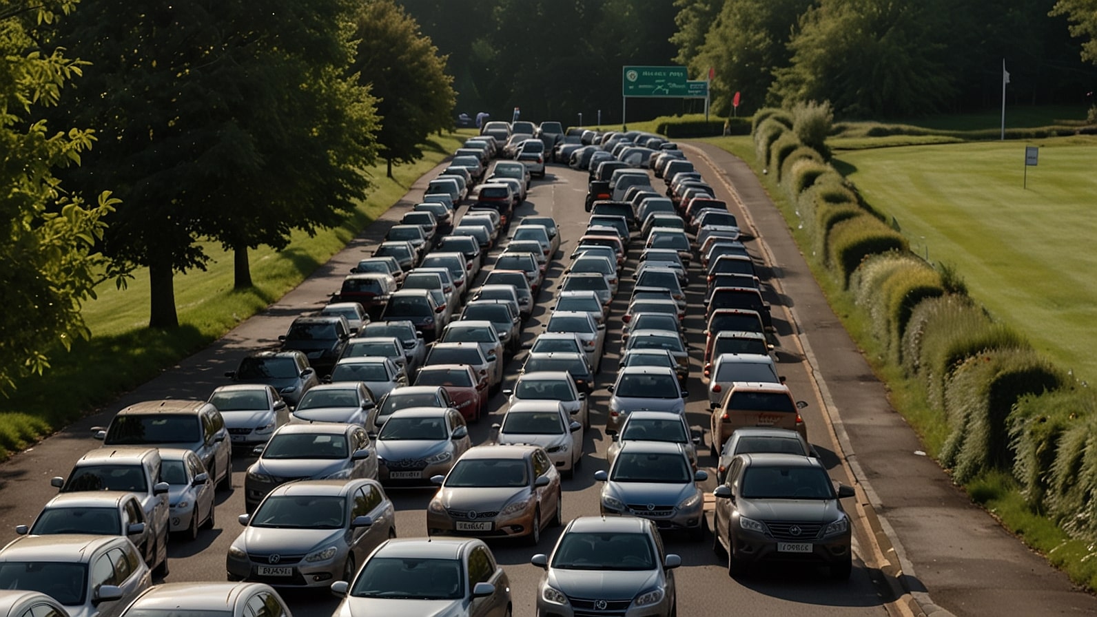 Long line of cars stuck in traffic on the B1508 road outside Colchester Golf Club