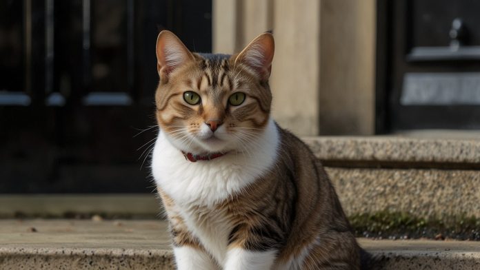 Larry the Cat outside 10 Downing Street in London Larry the Cat sitting in front of 10 Downing Street door, Chief Mouser to the UK Government