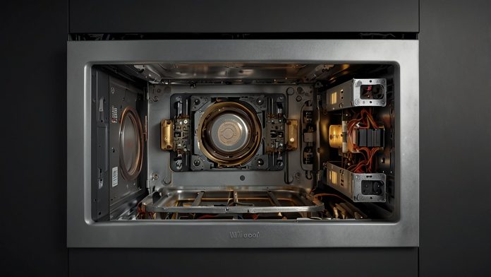 A technician repairing the MCWV4512Z Whirlpool microwave with the back panel open