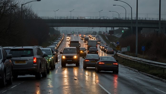 A13 Traffic Disruption in Essex Due to Fallen Power Cables A busy section of the A13 in Essex with traffic at a standstill due to fallen power cables across the road, emergency crews working, and vehicles backed up under a cloudy sky.