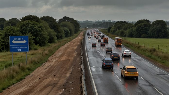 Traffic congestion on the A47 near Easton, Norfolk, with construction barriers and temporary traffic lights visible during lane closures for the dualling project.