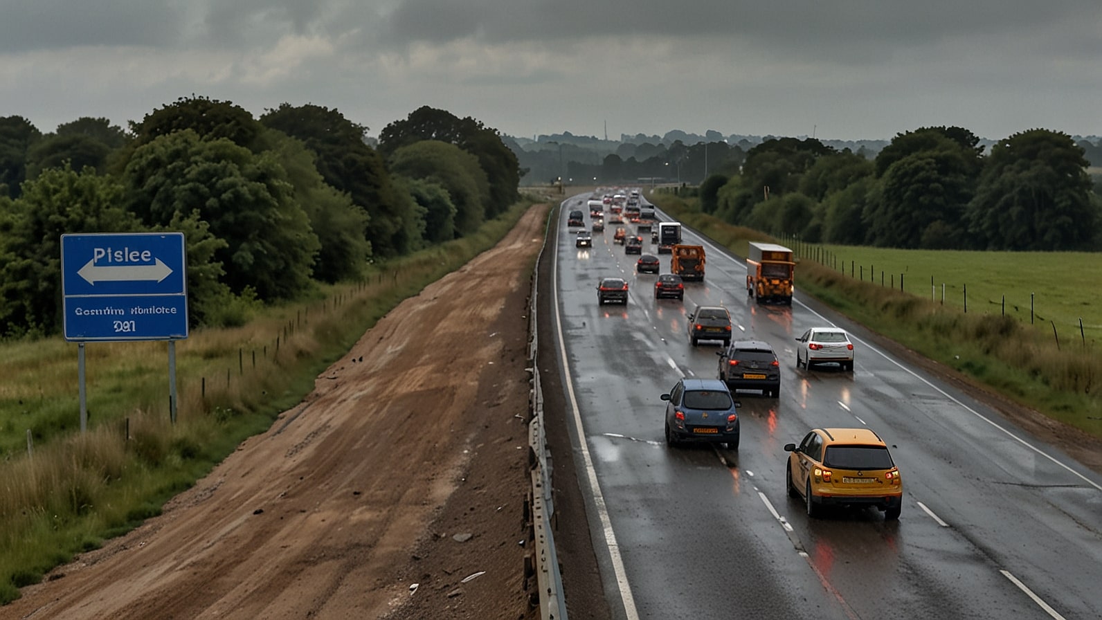 Traffic congestion on the A47 near Easton, Norfolk, with construction barriers and temporary traffic lights visible during lane closures for the dualling project.