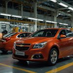 A vibrant scene inside GM Egypt’s 6th of October City plant, showing a red 2025 Chevrolet Optra sedan on the assembly line, surrounded by advanced machinery and workers in a modern production facility.
