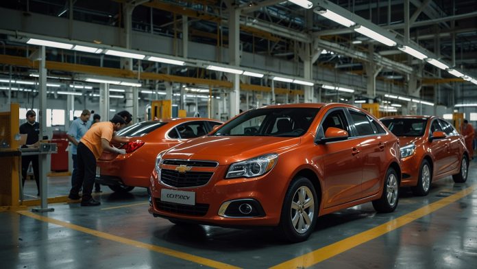 2025 Chevrolet Optra Assembly Line A vibrant scene inside GM Egypt’s 6th of October City plant, showing a red 2025 Chevrolet Optra sedan on the assembly line, surrounded by advanced machinery and workers in a modern production facility.