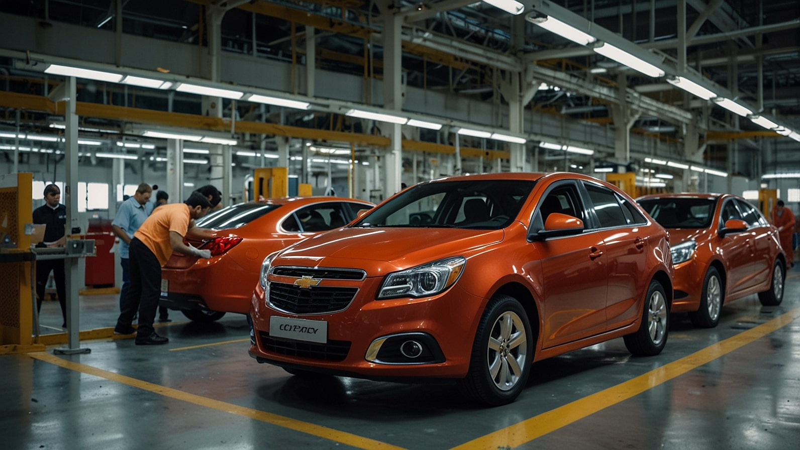 A vibrant scene inside GM Egypt’s 6th of October City plant, showing a red 2025 Chevrolet Optra sedan on the assembly line, surrounded by advanced machinery and workers in a modern production facility.