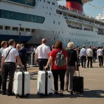 A group of passengers stands outside Southampton’s cruise terminal, surrounded by luggage, with the P&O Cruises ship Ventura docked in the background.