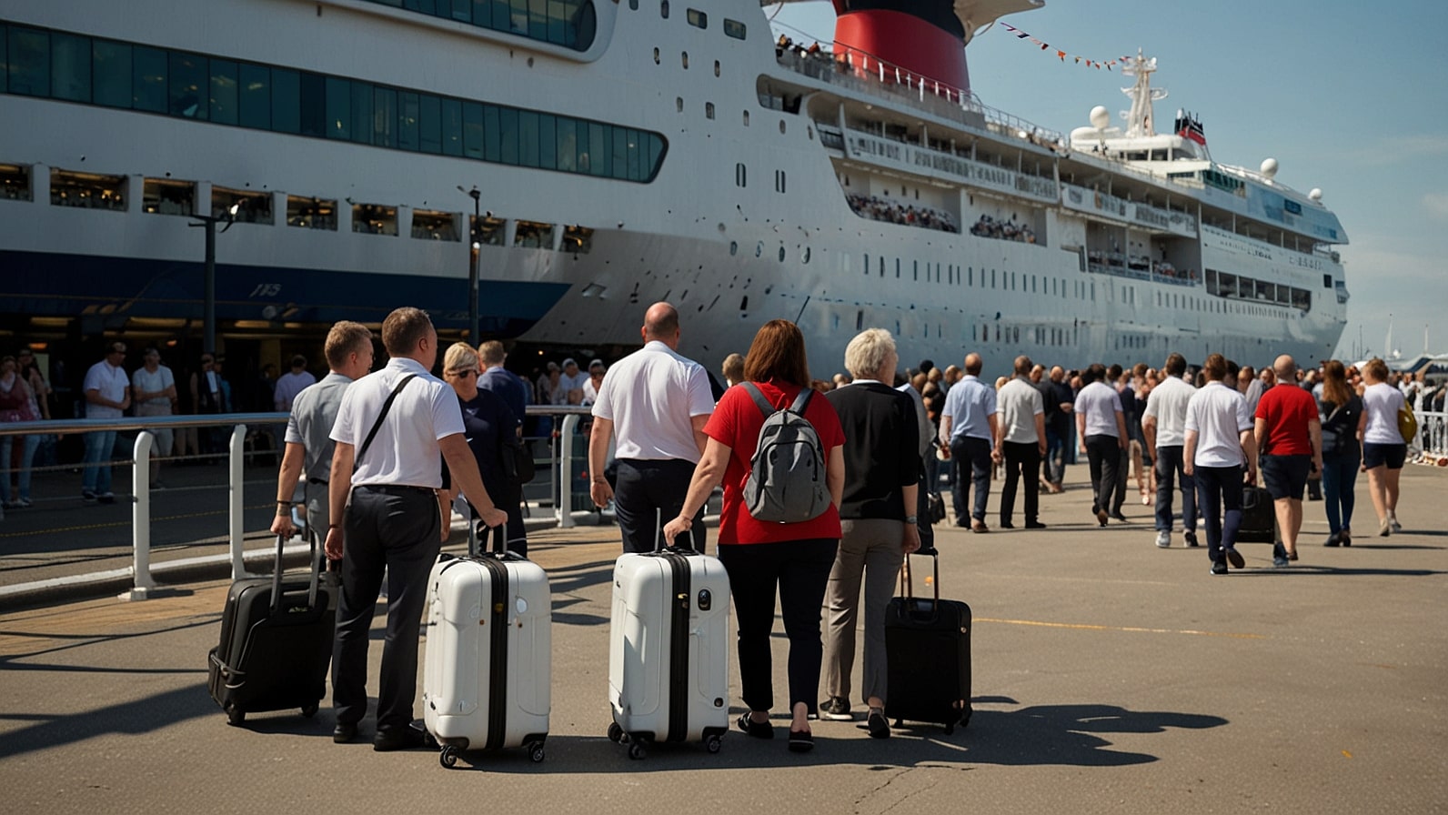 A group of passengers stands outside Southampton’s cruise terminal, surrounded by luggage, with the P&O Cruises ship Ventura docked in the background.