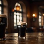 A close-up of a freshly poured pint of Guinness with a creamy white head, set against a dark wooden pub table, with soft lighting highlighting the beer's rich black color.