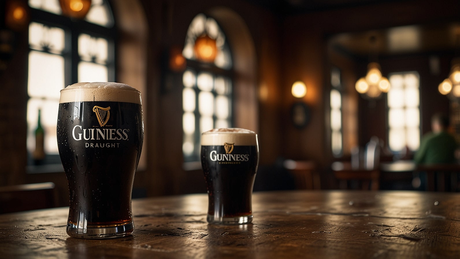 A close-up of a freshly poured pint of Guinness with a creamy white head, set against a dark wooden pub table, with soft lighting highlighting the beer's rich black color.