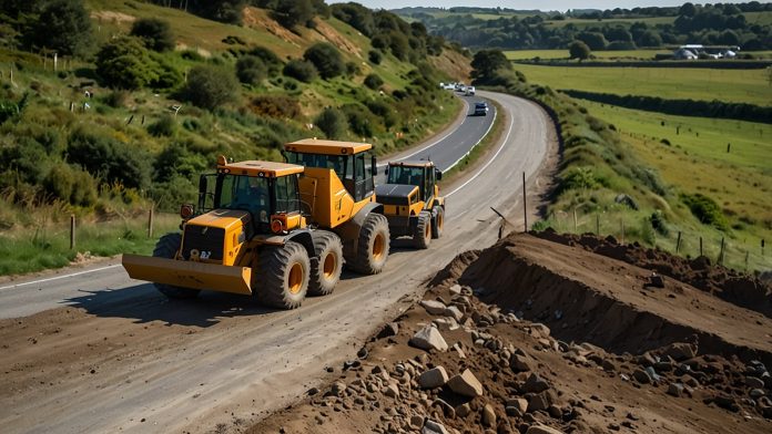 A30 Cornwall Dualling Scheme Construction at Carland Cross-min Construction vehicles and workers operate on the A30 dual carriageway near Carland Cross, Cornwall, with temporary barriers and signage in place during a closure for final roadworks.