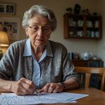 An elderly woman sits at a kitchen table in a rural UK home, reviewing a letter from HMRC about the Home Responsibilities Protection error, with a calculator and pension documents nearby.