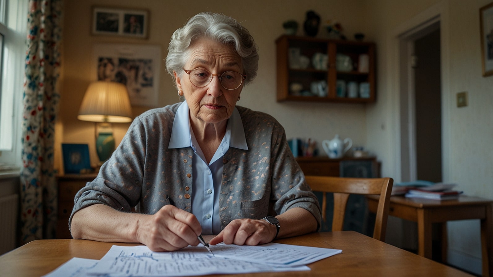 An elderly woman sits at a kitchen table in a rural UK home, reviewing a letter from HMRC about the Home Responsibilities Protection error, with a calculator and pension documents nearby.