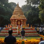 A vibrant view of the Sri Karya Siddhi Anjaneya Swamy Temple in Girinagar, Bengaluru, showcasing the towering monolithic statue of Lord Hanuman adorned with garlands, set against the octagonal temple structure under a clear evening sky.
