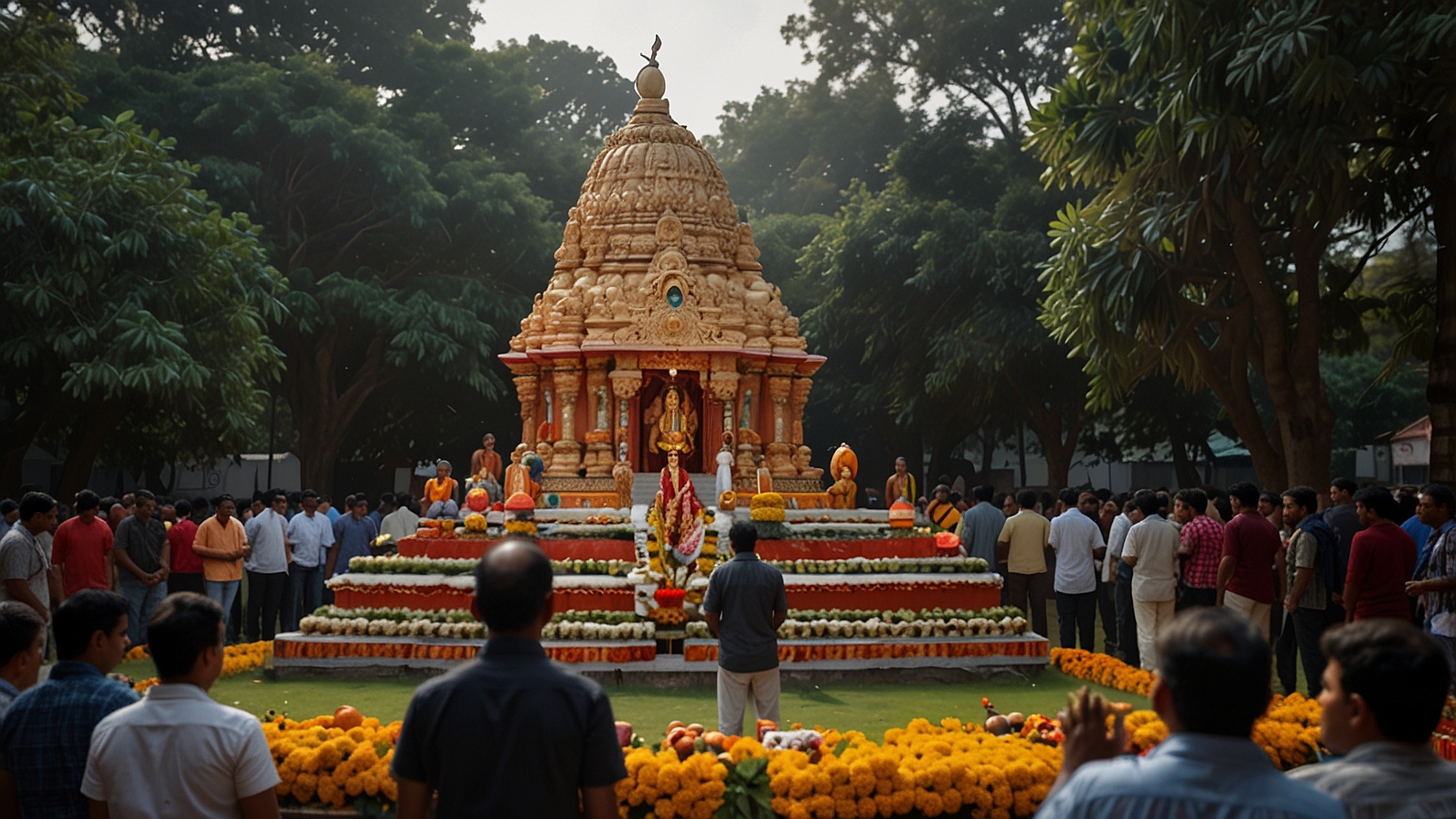 A vibrant view of the Sri Karya Siddhi Anjaneya Swamy Temple in Girinagar, Bengaluru, showcasing the towering monolithic statue of Lord Hanuman adorned with garlands, set against the octagonal temple structure under a clear evening sky.