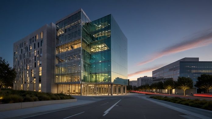 Autodesk Headquarters in San Francisco A modern, multi-story building with large glass windows and the Autodesk logo, set against a sunny San Francisco skyline.