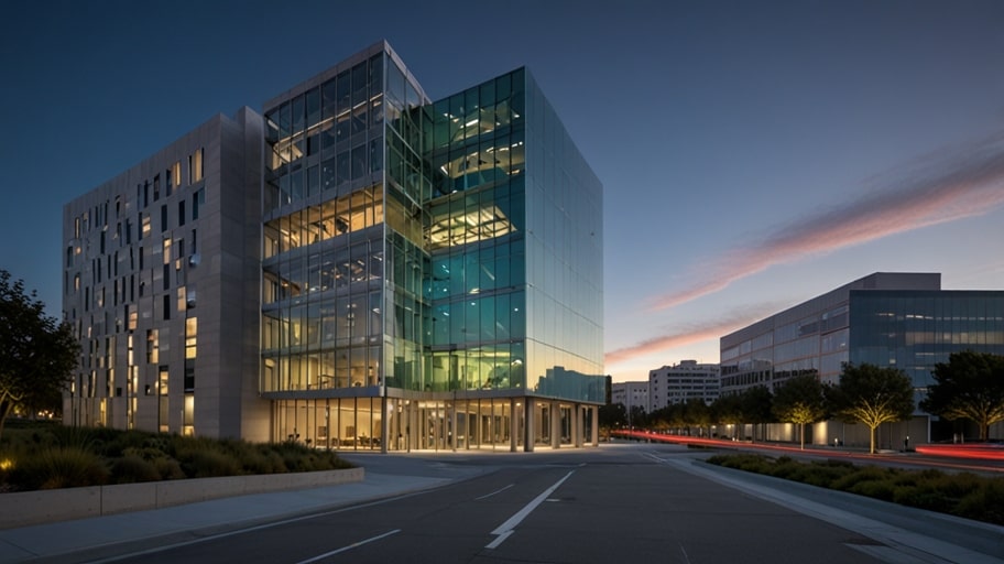 A modern, multi-story building with large glass windows and the Autodesk logo, set against a sunny San Francisco skyline.