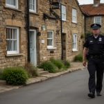 A North Yorkshire Police officer stands near a patrol vehicle in the quiet village of Hutton Rudby, with the village green and traditional stone houses in the background.
