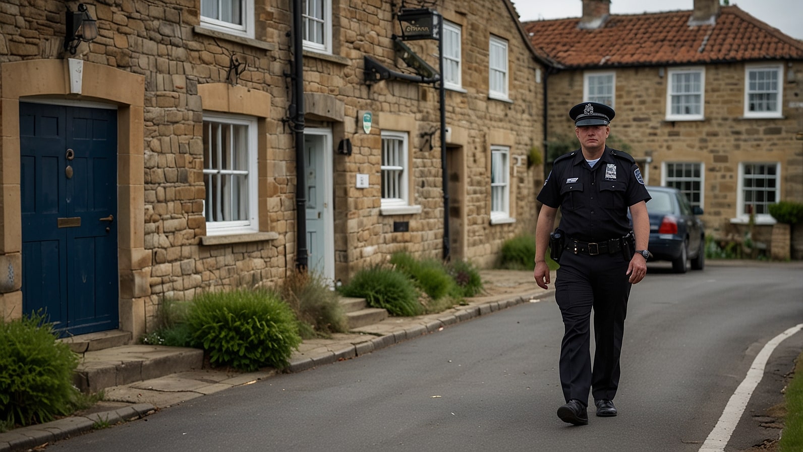A North Yorkshire Police officer stands near a patrol vehicle in the quiet village of Hutton Rudby, with the village green and traditional stone houses in the background.