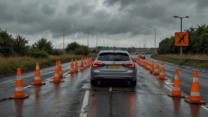 A47 Road Closure at Pullover Roundabout, King’s Lynn A section of the A47 near Pullover Roundabout in King’s Lynn, Norfolk, is closed with traffic cones and signs directing vehicles to a diversion route under a cloudy sky.