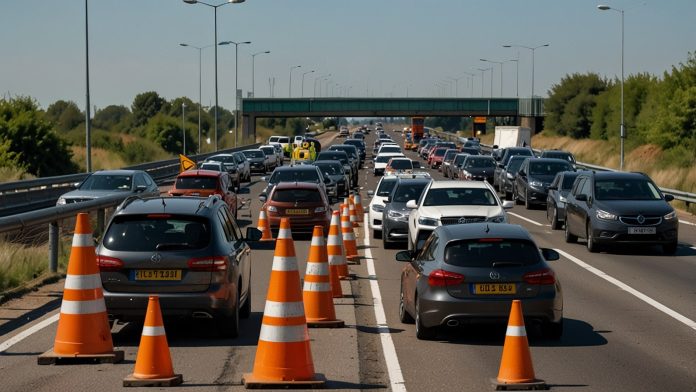 A12 Lane Closure at Marks Tey, Colchester Traffic queues on the A12 southbound near Marks Tey, Colchester, with orange traffic cones and a Cadent gas works van visible, causing delays due to an emergency lane closure.