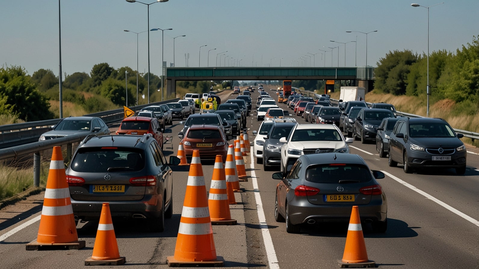 Traffic queues on the A12 southbound near Marks Tey, Colchester, with orange traffic cones and a Cadent gas works van visible, causing delays due to an emergency lane closure.