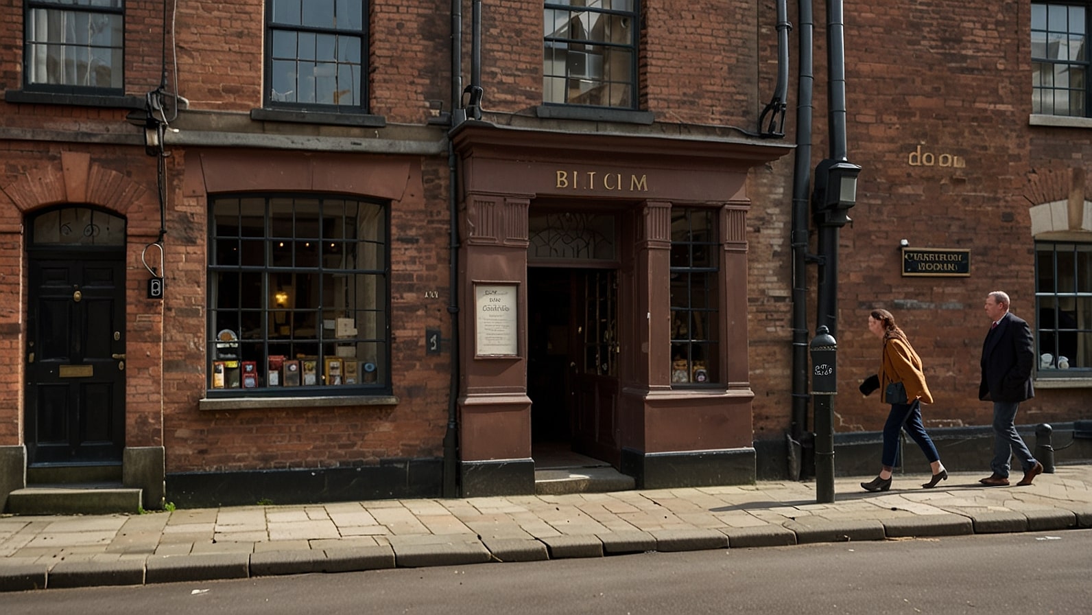 An old brick building in Bristol’s Union Street, once home to J.S. Fry & Sons’ factory, with a vintage sign displaying “Chocolat Delicieux à Manger” amidst a bustling 19th-century street scene.