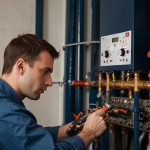 A TCA Emergency Solutions gas engineer in a blue uniform repairs a boiler in a Portsmouth home, using tools to ensure safety and functionality.