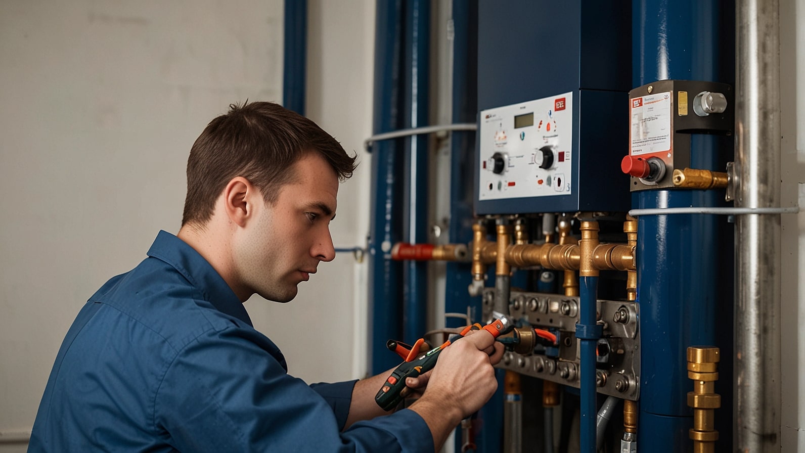 A TCA Emergency Solutions gas engineer in a blue uniform repairs a boiler in a Portsmouth home, using tools to ensure safety and functionality.