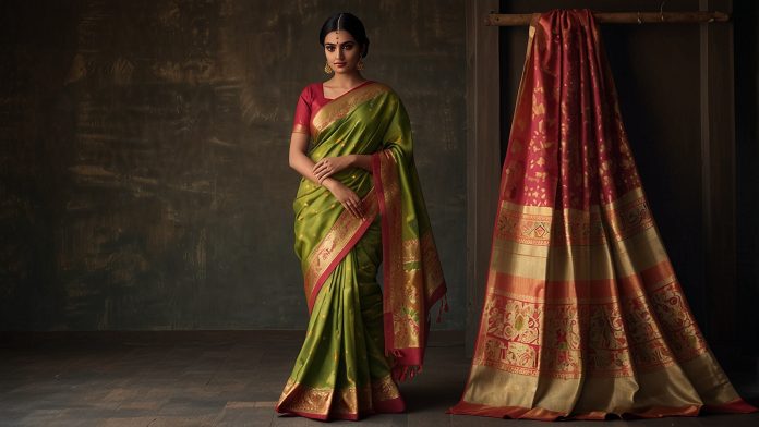 A close-up view of a vibrant Kanjivaram silk saree elegantly draped over a mannequin, showcasing intricate gold zari work and rich mulberry silk with a subtle sheen under soft lighting.