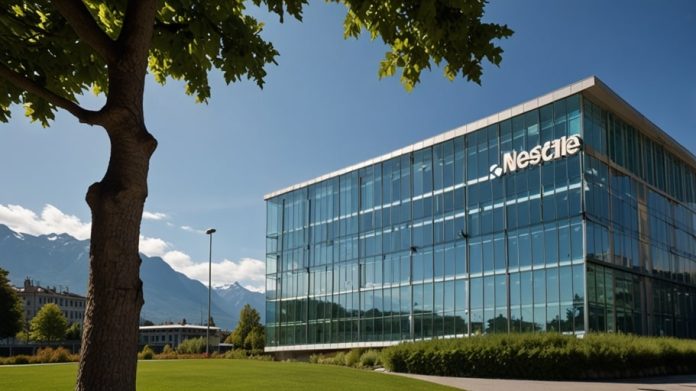 A sleek, modern building with glass windows and the Nestlé logo, surrounded by lush greenery under a clear sky in Vevey, Switzerland.