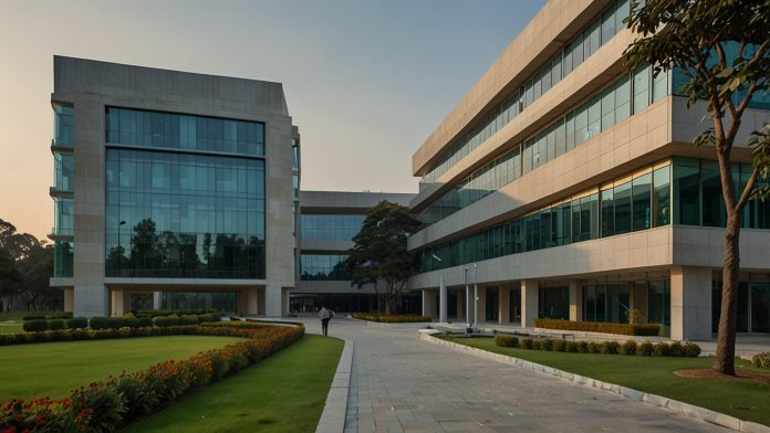 A modern exterior view of the Intel Technology India Pvt Ltd SRR1 facility in Bengaluru, featuring sleek glass buildings with the Intel logo, surrounded by lush greenery under a clear sky.