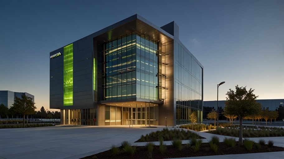 A modern glass building with the Nvidia logo prominently displayed, set against a clear blue sky in Santa Clara, California.