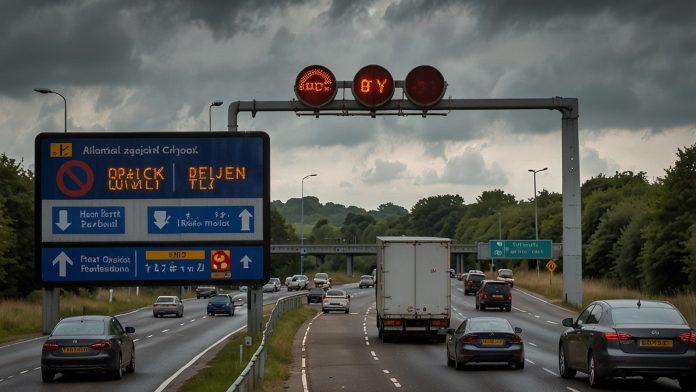 M25 Motorway Traffic Update A digital road sign on the M25 motorway displaying real-time traffic information, warning of delays due to a recent incident near junction 5, with a clear view of the road and vehicles in the background.