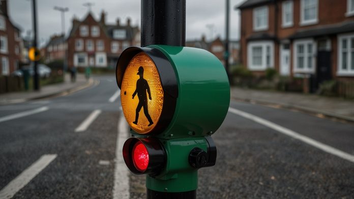 Puffin Crossing Pedestrian Signal A puffin crossing pedestrian signal displaying a green walking figure, indicating it is safe for pedestrians to cross.