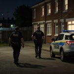 Armed Essex Police officers patrol Seabrooke Rise in Grays, standing near a police vehicle with residential buildings in the background, following reports of gunshots.