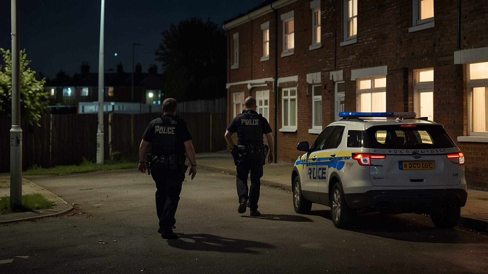 Armed Essex Police officers patrol Seabrooke Rise in Grays, standing near a police vehicle with residential buildings in the background, following reports of gunshots.