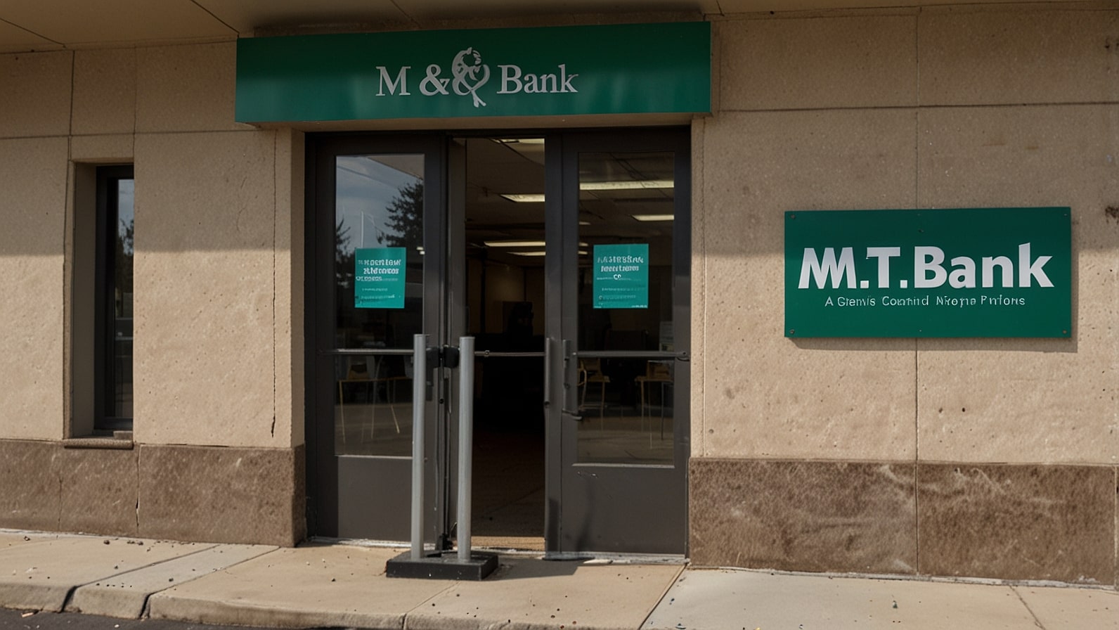 A closed M&T Bank branch on Hertel Avenue in Buffalo, with a sign indicating the closure and directing customers to a nearby location.