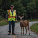 A deer crossing a rural road in Hillsdale County wearing a bright fluorescent yellow hi-vis safety vest with reflective stripes, standing alert against a green hilly backdrop.