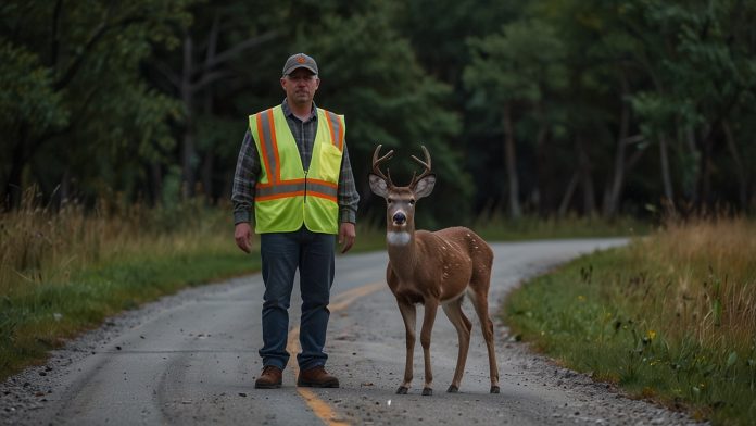 Deer Wearing Hi Vis Safety Vest Crossing Road in Hillsdale County A deer crossing a rural road in Hillsdale County wearing a bright fluorescent yellow hi-vis safety vest with reflective stripes, standing alert against a green hilly backdrop.
