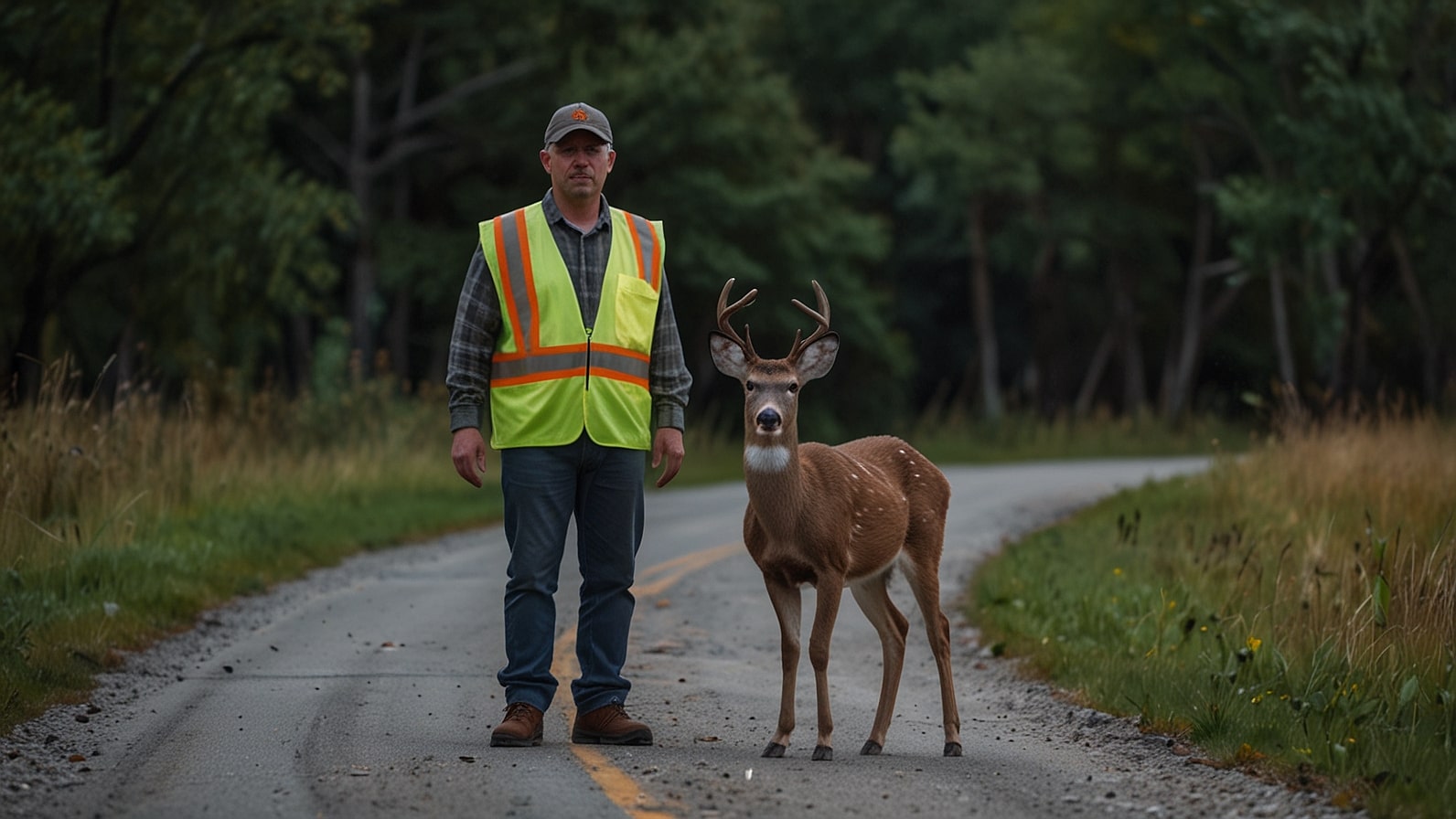 A deer crossing a rural road in Hillsdale County wearing a bright fluorescent yellow hi-vis safety vest with reflective stripes, standing alert against a green hilly backdrop.