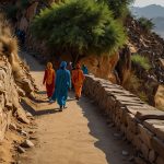 A scenic view of a winding road in Rajasthan, flanked by golden fields and traditional villages, leading from Khatu Shyam Ji Temple to Salasar Balaji Temple under a clear blue sky.