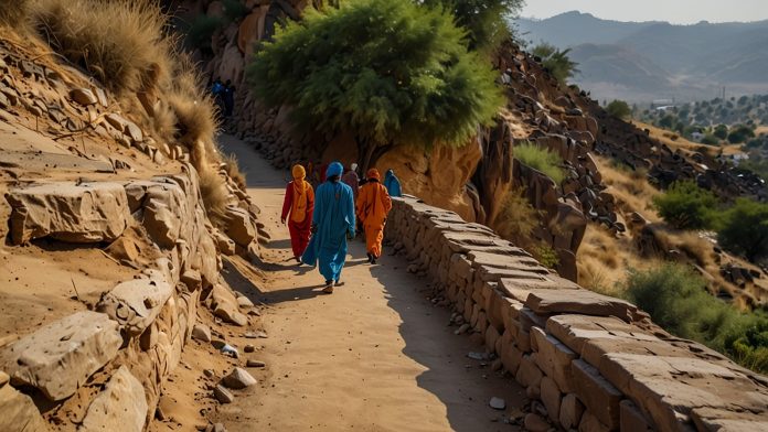The Spiritual Path from Khatu Shyam to Salasar Balaji A scenic view of a winding road in Rajasthan, flanked by golden fields and traditional villages, leading from Khatu Shyam Ji Temple to Salasar Balaji Temple under a clear blue sky.