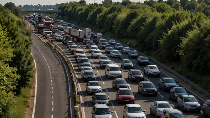 Traffic Obstruction on A12 Near Witham Due to Roadworks A line of cars and lorries queued on the A12 highway near Witham under cloudy skies, with roadwork signs and cones on the side causing traffic congestion.