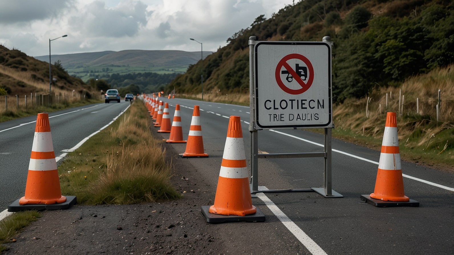Workers carrying out road resurfacing on A47 near Swaffham at night with safety barriers and machinery operating under streetlights