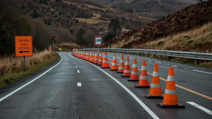 North Wales Road Closure Sign on A525 and A547 Road closure sign on a rural road in North Wales with traffic cones and barriers blocking access on the A525 or A547 route