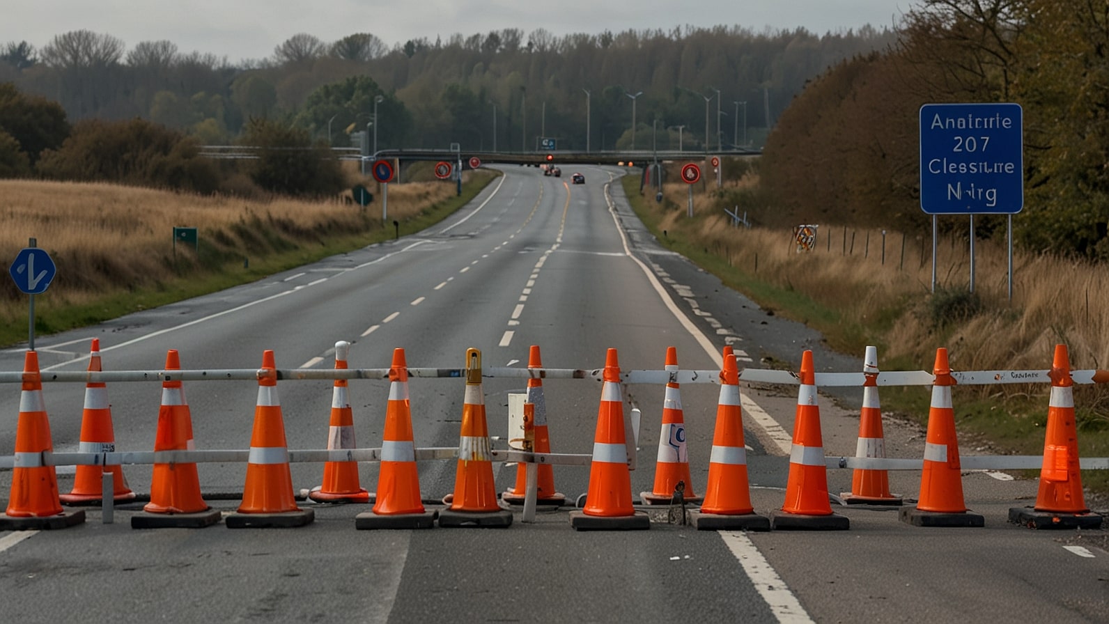 Traffic sign indicating closure of the slip road from A120 to A133 with red and white barriers and cones on a sunny day