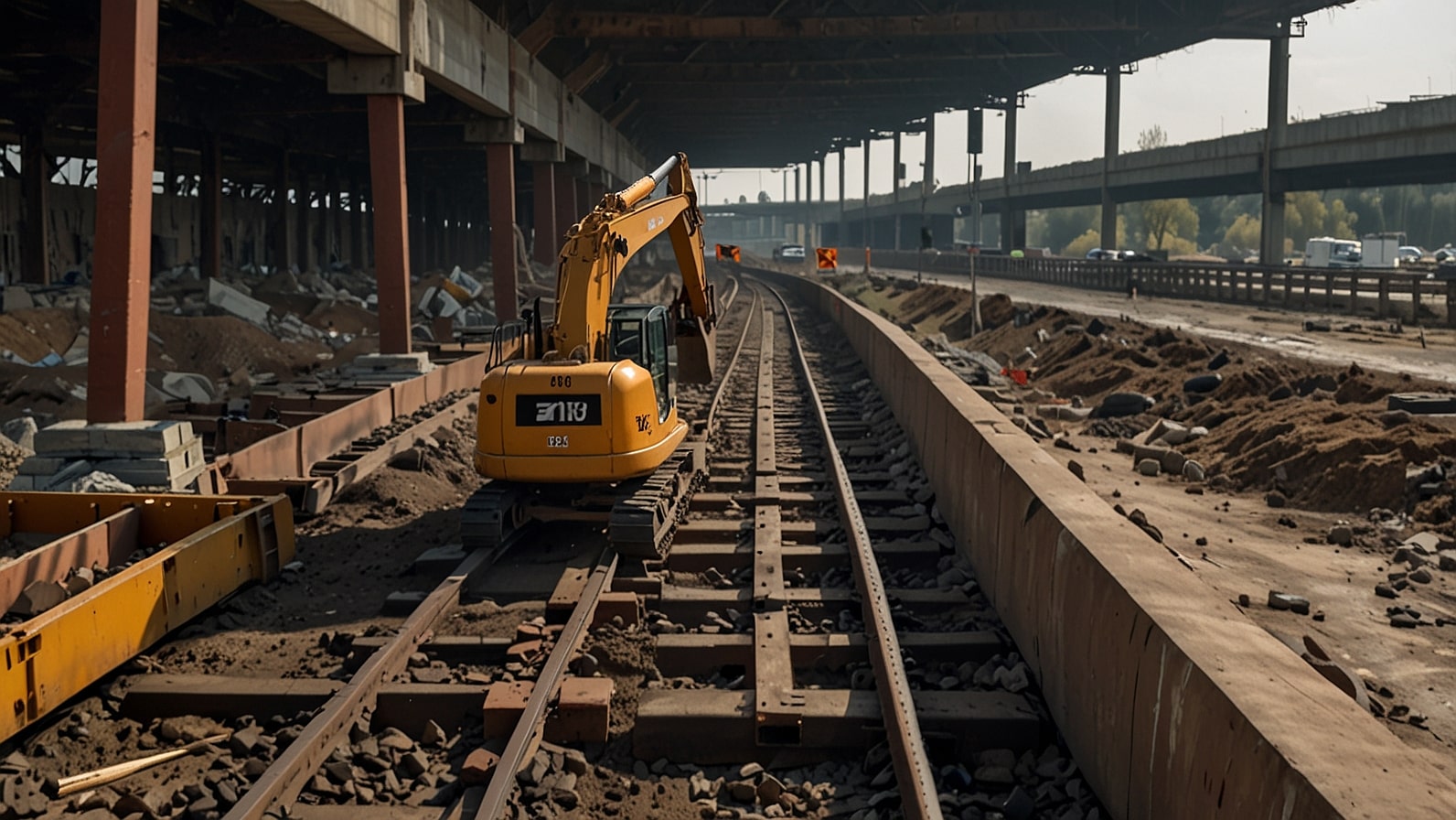 Excavators demolishing the A432 Badminton Road bridge over the M4 motorway in South Gloucestershire, with protective crash mats and shipping containers in place, March 2025.