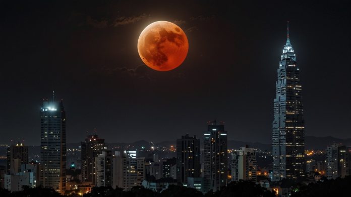 Chandra Grahan 8th November 2022 Total Lunar Eclipse Blood Moon Blood Moon captured during Chandra Grahan on 8th November 2022 over Indian skyline