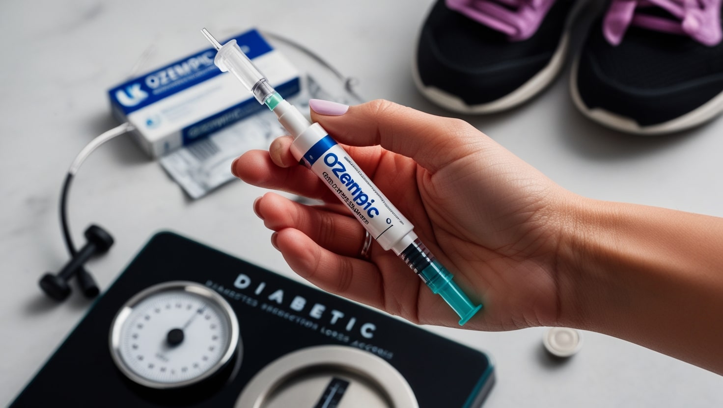 A close-up of a woman's hand holding an Ozempic injection pen with a blurred bathroom scale in the background, representing the growing use of semaglutide for weight loss in the UK.
